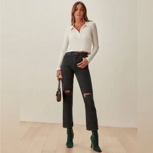 NWT Reformation Cynthia Straight Leg Jeans Lagoon Destroyed Size 28